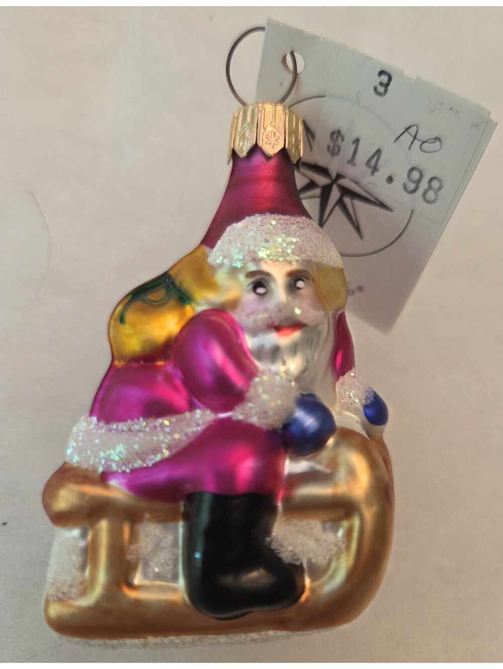 Christopher Radko Slip 'n Slide Santa Sled Glass Ornament, 2.5", New w/tag